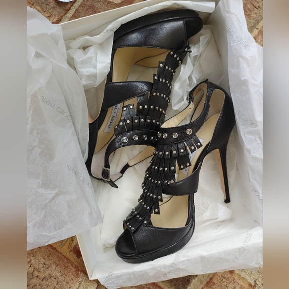 JIMMY CHOO BLACK LEATHER STUDDED FRINGE PLATFORM SANDALS, 39 - Picture 3 of 16